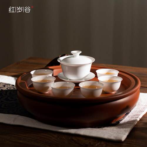 手拉原矿紫砂朱泥茶盘茶船壶承工夫茶圆形中式储水茶台茶具茶室