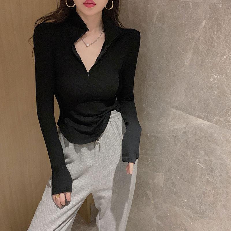 早秋黑色打底衫女内搭高级感T恤拉炼不规则薄款修身长袖外套上衣