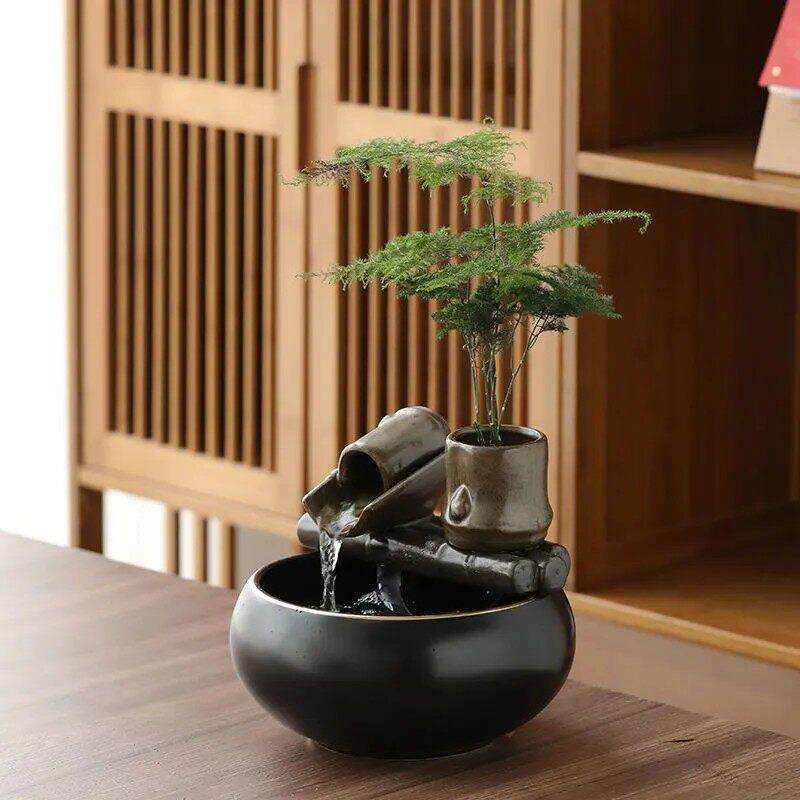 创意新中式生财流水陶瓷摆饰桌面客厅茶桌办公室小型装饰品循环水