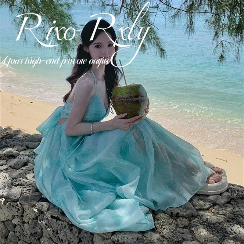 RIXO RXLY法式蓝色挂颈吊带洋装女夏季小众设计海边度假仙女裙