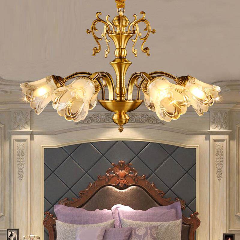 美式全铜吊灯全铜花枝灯具餐厅书房间铜灯6头玻璃吊灯罩9307