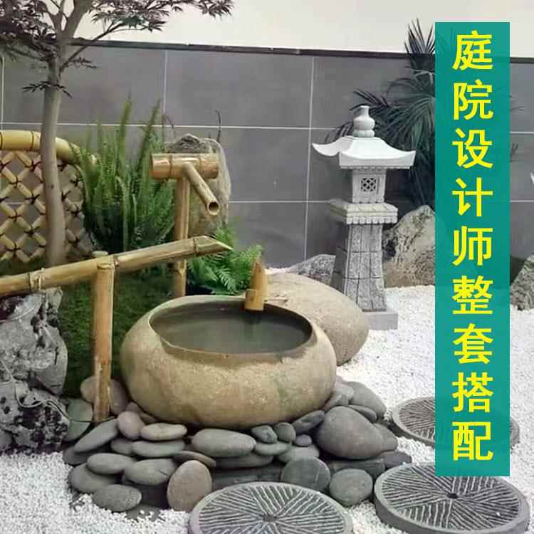 日式庭院造景流水石钵竹惊鹿枯山水景观花园水景鹅卵石水钵石灯
