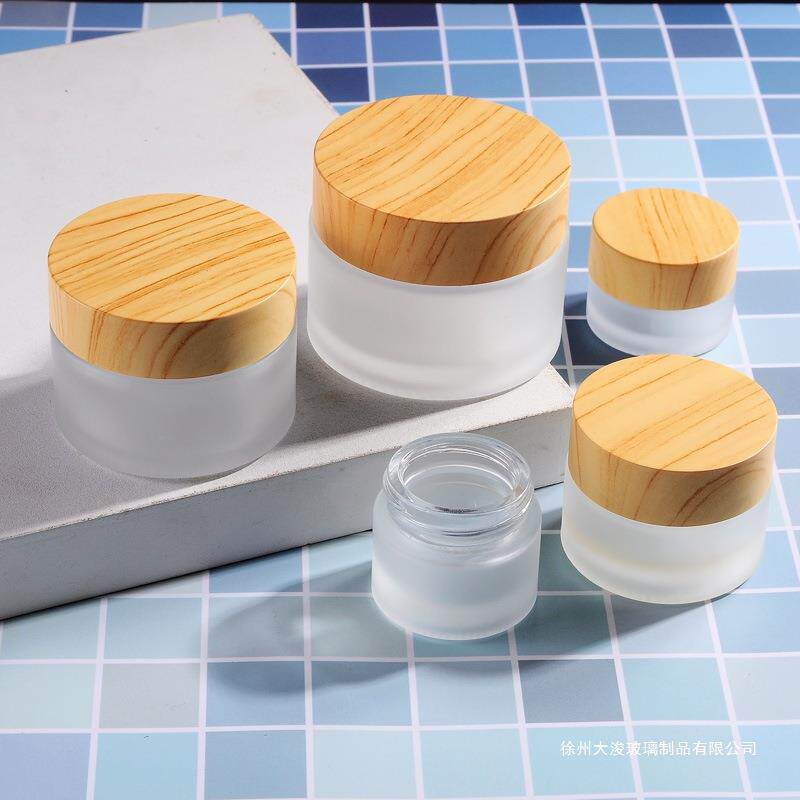 新款圆形仿木盖玻璃膏霜瓶g蒙砂面霜瓶g便携分装化妆品小样瓶定制