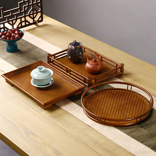 仿古端奉茶杯架茶棚茶具收纳圆 3ZBY批发竹编托盘竹制茶盘家用中式