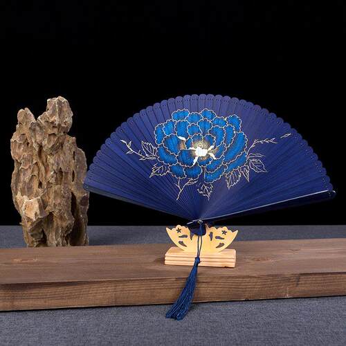 中国风描金牡丹花女式折扇古风全竹扇古典工艺礼品摆饰随身小扇子