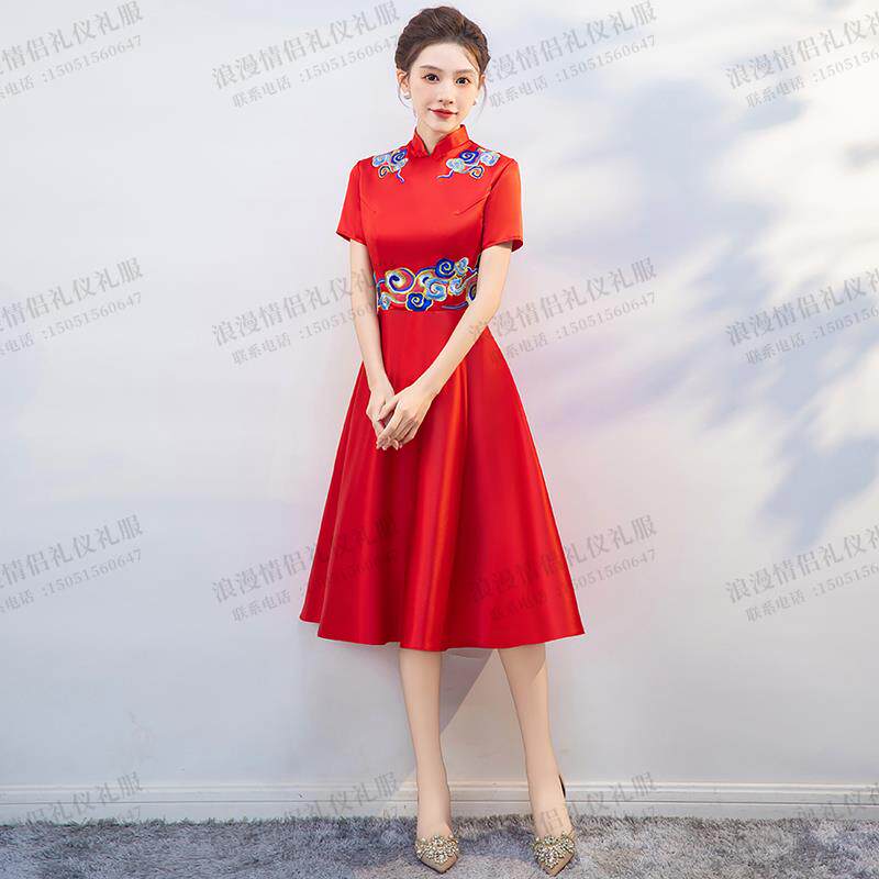 正品中国青迎花风挥瓷旗袍演出服裙女走秀礼物仪宾晚礼服大合唱团