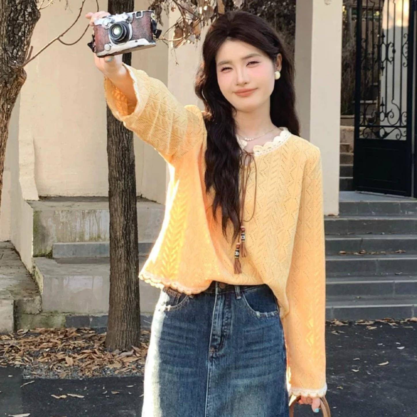 极速设计感花边拼接长袖针织衫女毛衣镂空春秋季新款百搭气质打底