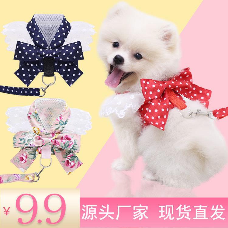 韩版日系甜美狗狗猫咪宠物蝴蝶结胸背带牵引绳衣服用品小中型犬