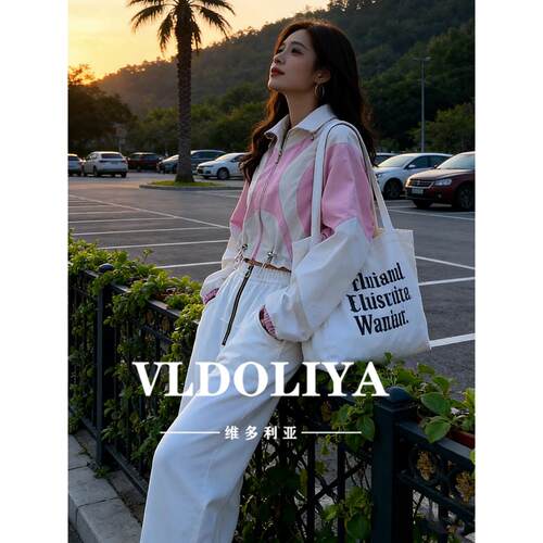 VLDOLIYA维多利亚运动风休闲套装女春秋2026拉链外套阔腿裤两件套