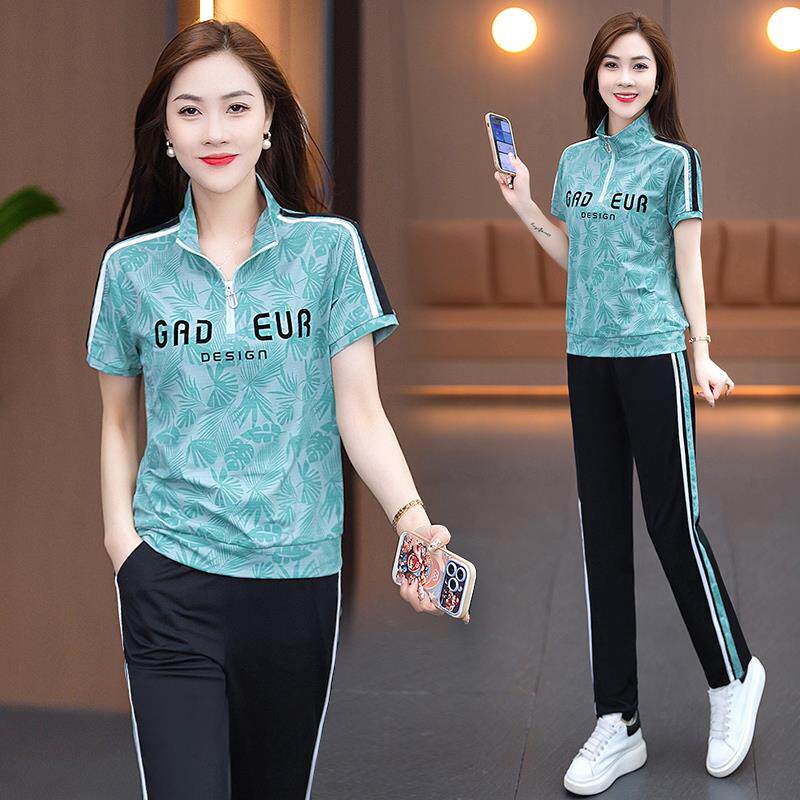 夏季运动服套装女款时尚洋气V领短袖冰丝大码薄款宽松两件套高档