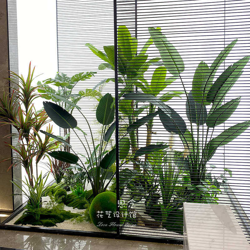 仿真大绿植植物转角简欧会所搭配墙角大叶软装花艺景定制餐厅装