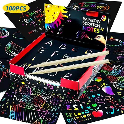100PCS Rainbow Scratch Mini Notes Paper Pad Cards With Drawi