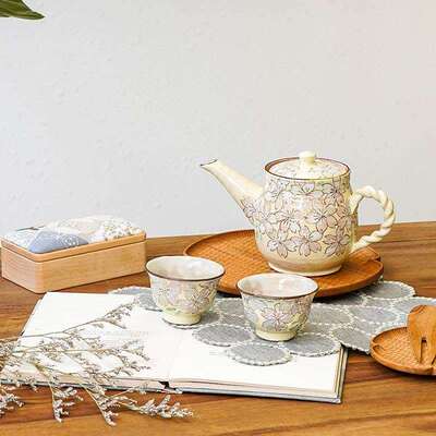 SHUNZAN俊山窑/京烧/色绘后把手茶壶反千口茶杯一壶两杯