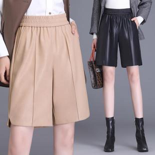 22535女显腿瘦裤 修身 遮肉绵羊皮阔五 短高腰时尚 秋冬海宁真皮皮裤