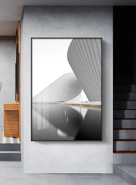 黑白灰现代摄影装饰画过道走廊简约建筑大幅挂画客厅酒店玄关壁画