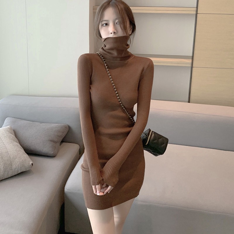 高领毛衣针织连衣裙女秋冬配大衣小个子修身内搭包臀紧身打底短裙