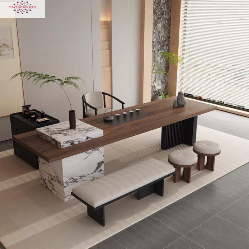 中式轻奢岛桌椅组合茶桌现代简约大板实木岩板高端设计师茶台