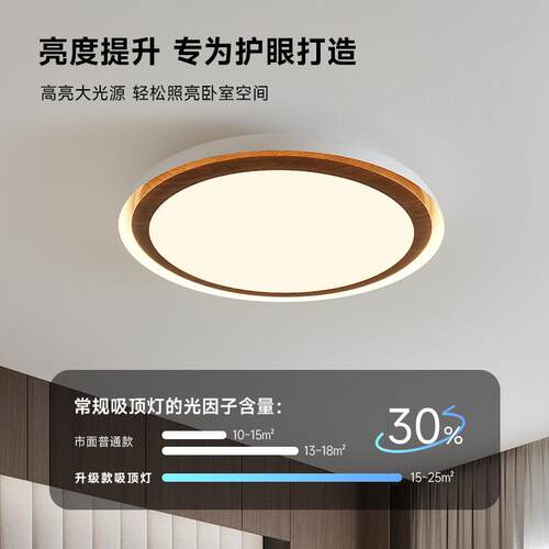 现代简约中古风木纹卧室吸顶灯胡桃木色书房灯具全光谱护眼led灯