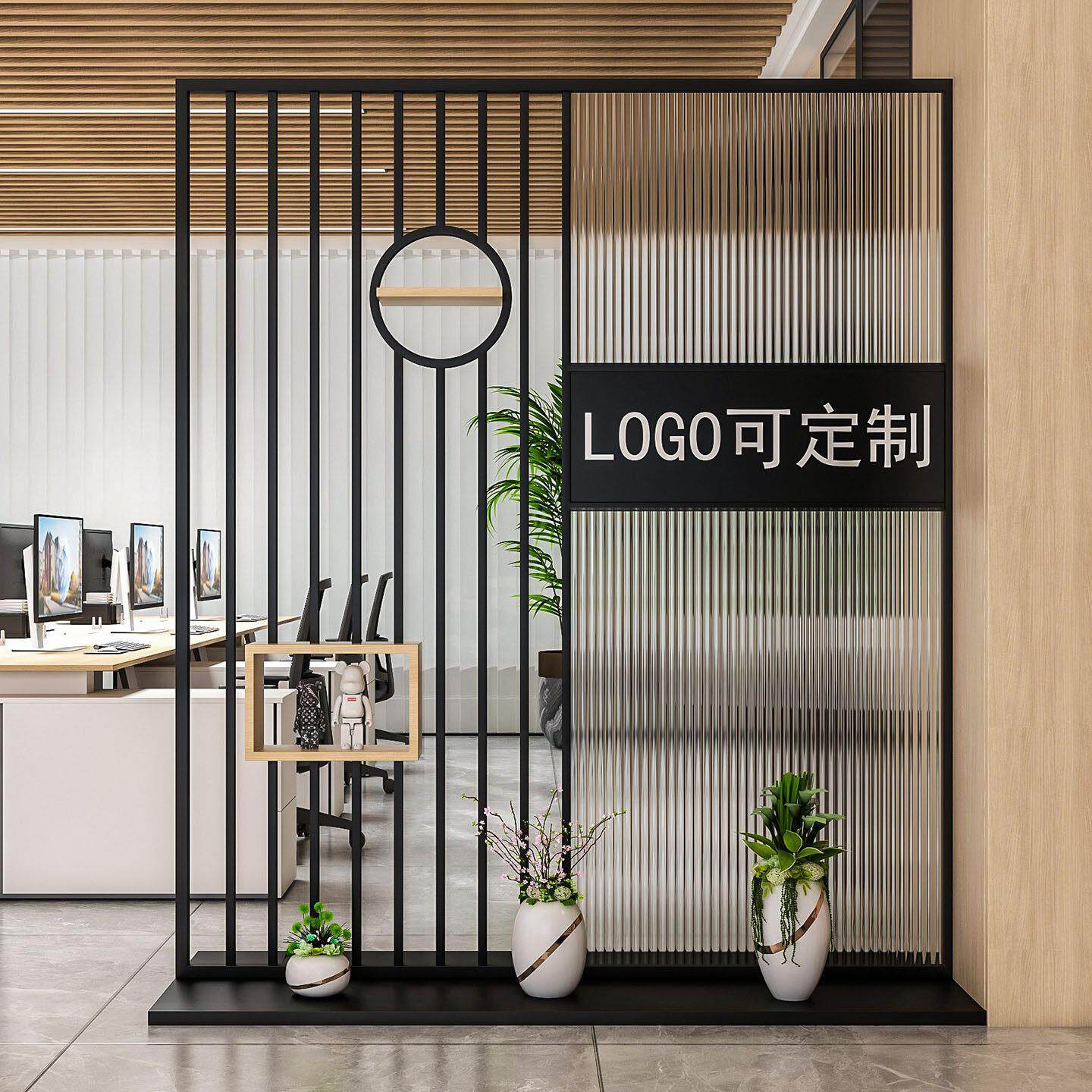 现代简约长虹玻璃屏风办公室进门Logo墙隔断公司入户玄关的背景墙