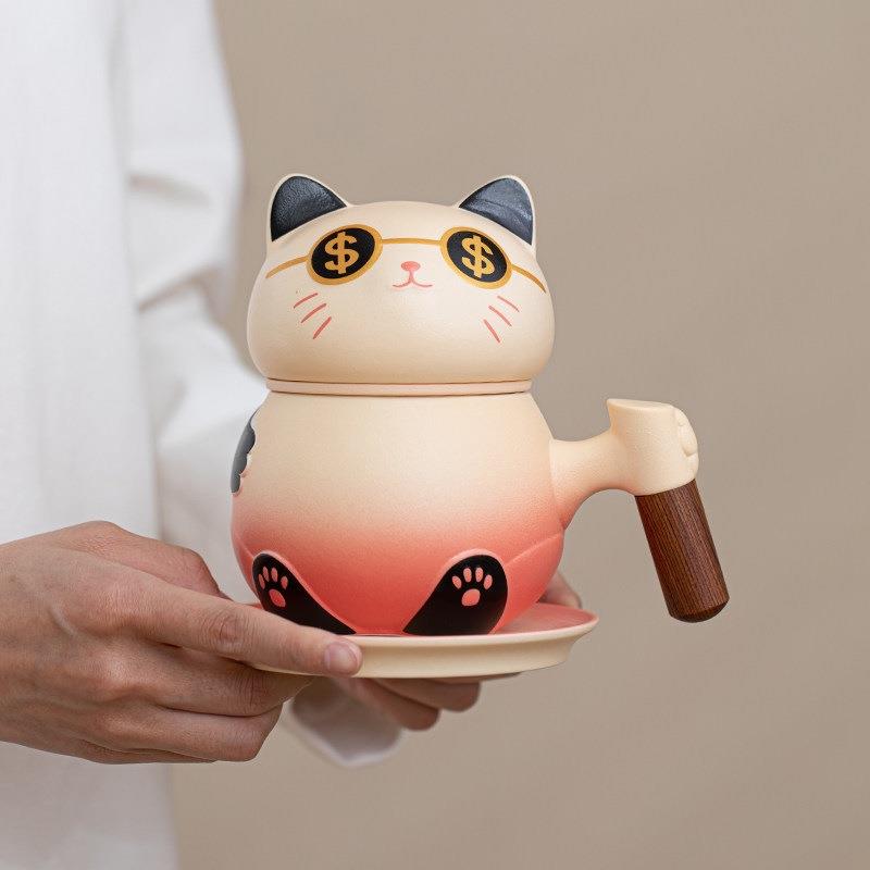 萌趣猫咪陶瓷泡茶杯家用办公室带盖过滤可爱女士个性茶水分离杯子