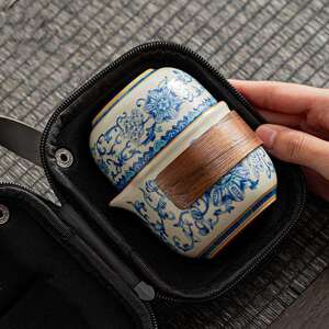 玩物尚置汝窑旅行茶具套装便携式户外一壶三杯一人用青花瓷快客杯
