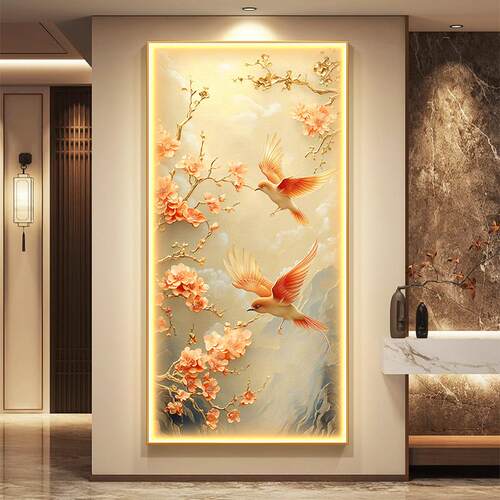 喜鹊报喜图玄关装饰画新中式入户进门带灯壁画梅花鸟走廊竖版挂画