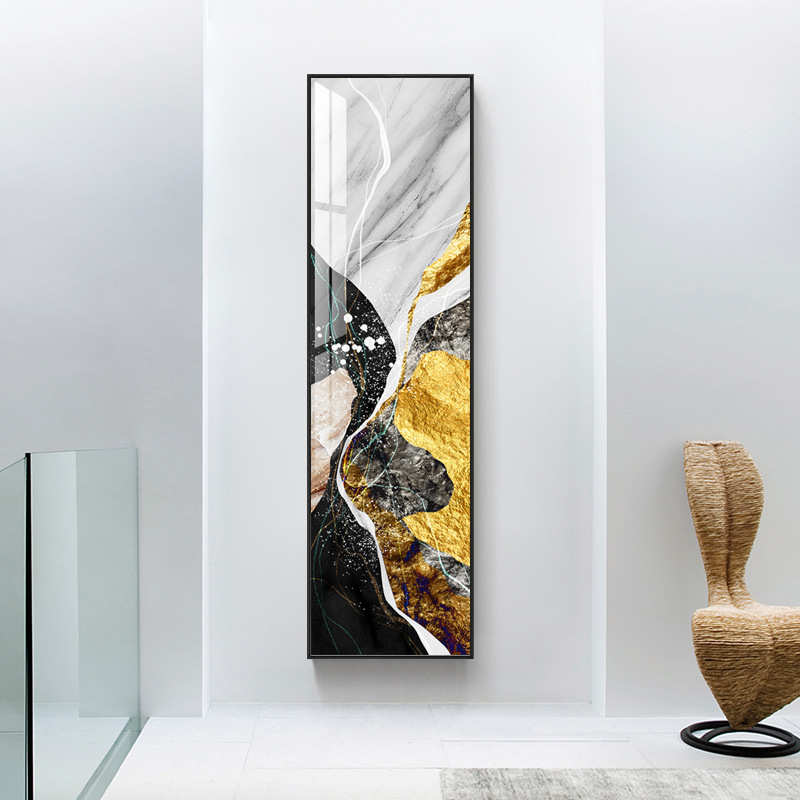 新中式玄关装饰画竖版长条抽象壁画现代轻奢走廊过道墙面晶瓷挂画