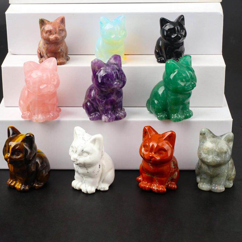 水晶石小猫猫咪粉晶东陵玉摆饰雕刻件半宝石工艺品桌面玉石摆件