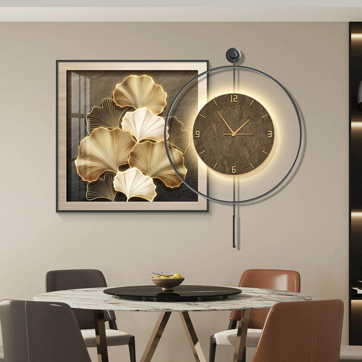 轻奢led带灯饭厅装饰画简约现代餐桌背景墙挂画壁画高级感带钟表