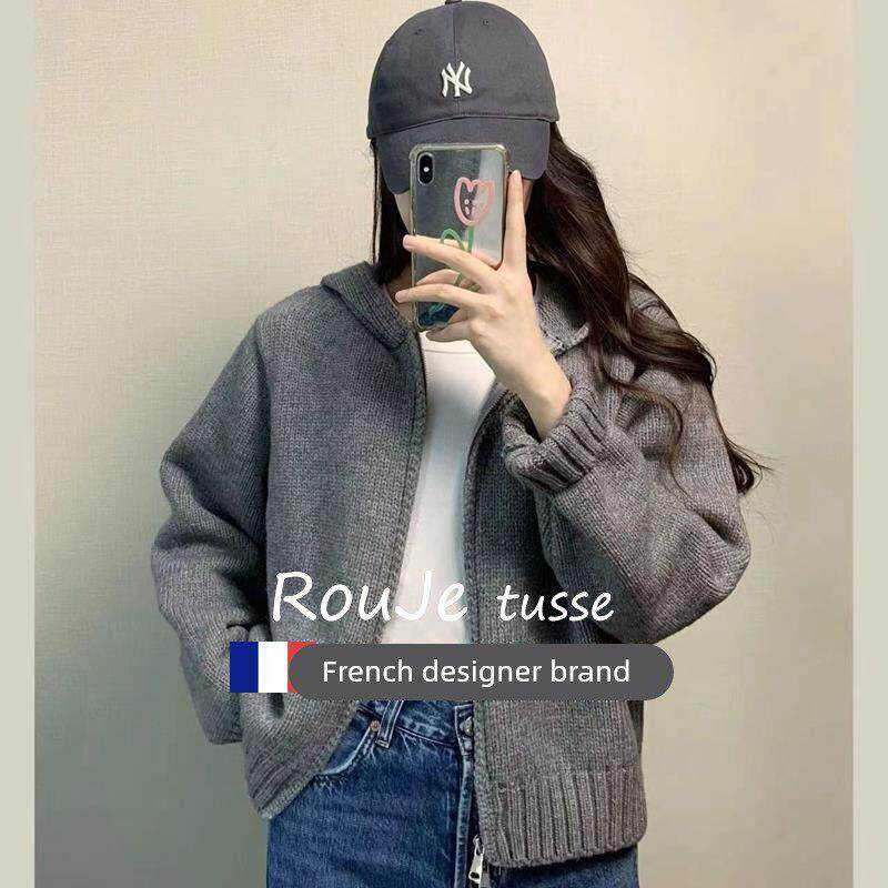法国Rouje tusse连帽卫衣拉炼羊毛针织开衫女宽松羊绒毛衣外套秋