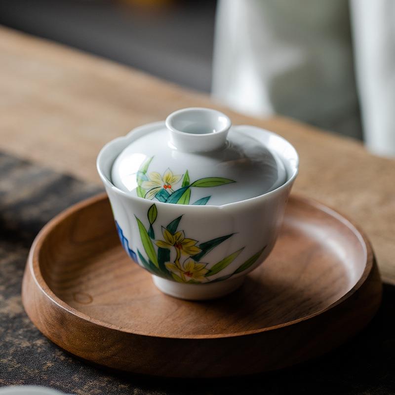 纯手绘水仙花二才盖碗茶杯单个家用不烫手抓茶碗陶瓷功夫泡茶器