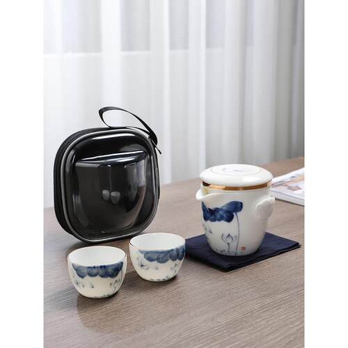 羊脂玉便携式旅行茶具高档快客杯白瓷一壶两杯户外茶具露营收纳包