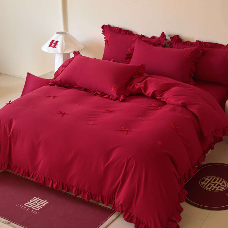 法式浪漫结婚四件套大红色婚庆被套新婚陪嫁床上用品婚房喜被床单
