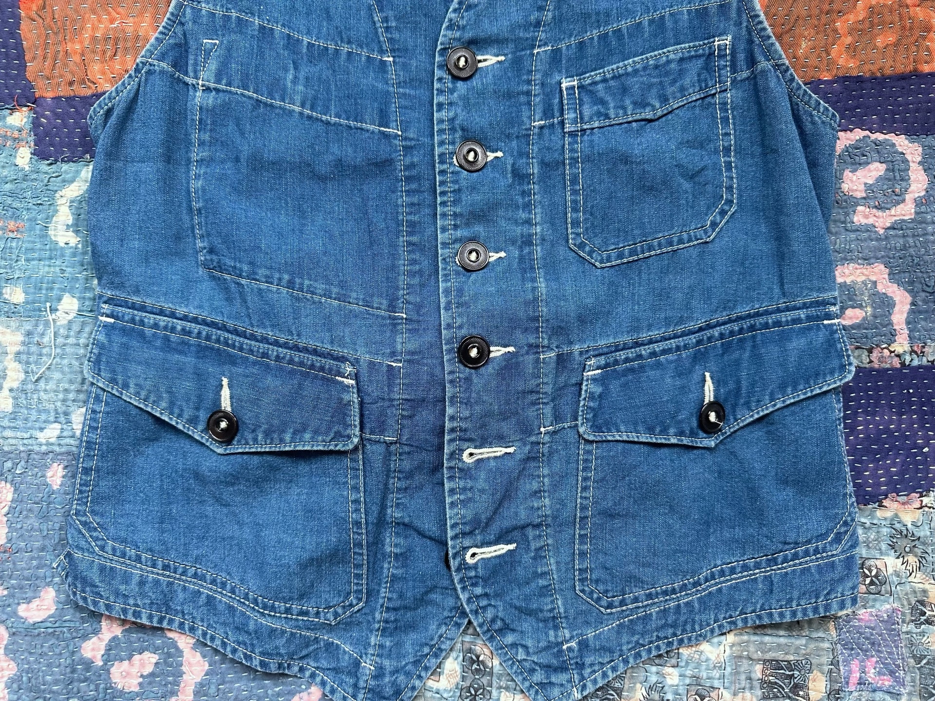 RRL Blue Denim Workwear Vest — detail