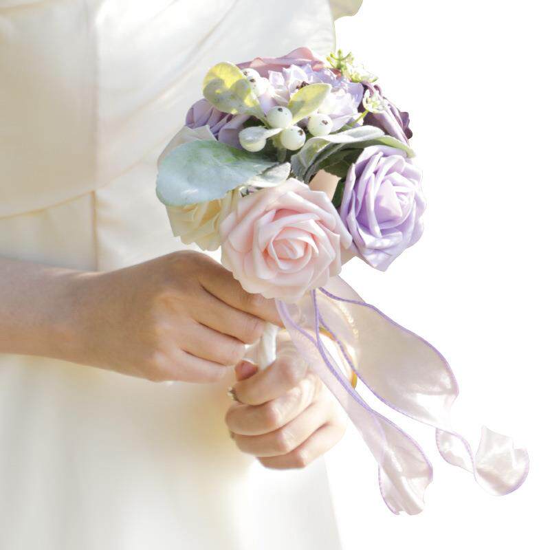 拼色手捧花森系婚礼伴娘花束儿童表演手捧花人造绚丽蕾丝玫瑰花束
