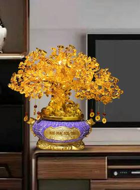 黄水晶发财树树聚水晶招财宝盆脂树工艺摆件家居办公中式招财摇品
