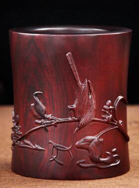采购产品桃花心木笔筒工艺品装饰品实木雕刻覆古笔筒玫瑰木办公室