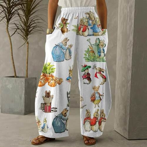 Rabbit printed wide leg pants with elastic polyester blend