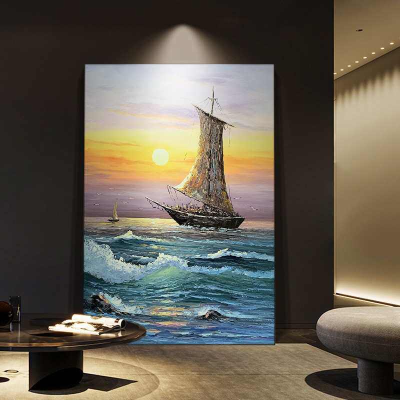 纯手绘油画轻奢玄关装饰画后现代日出挂画海上帆船壁画大幅落地画