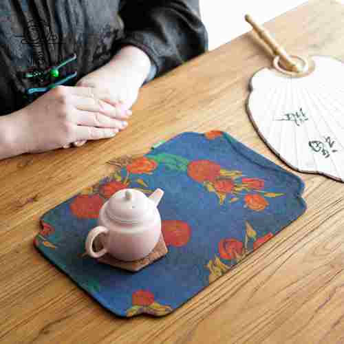 福璐 欣蚕居30*20cm双面香云纱小茶席海棠形凹角中式茶艺干泡桌垫