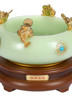 吉祥源 招财聚宝盆开业礼品摆件 金蟾琉璃白玉工艺品 家居客厅玄