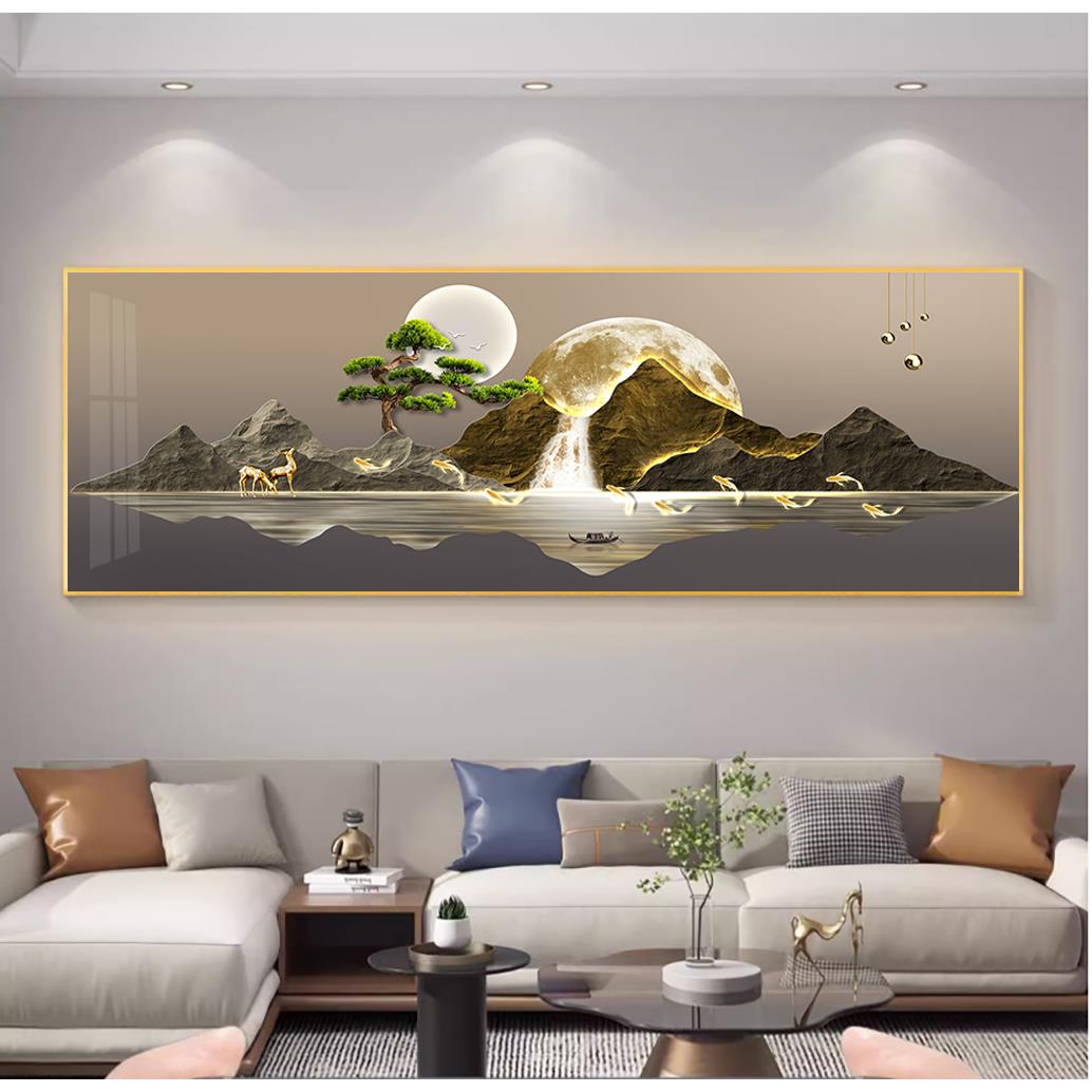 新中式背有靠山客厅装饰画沙发背景墙挂画整幅山水壁画轻奢晶瓷画
