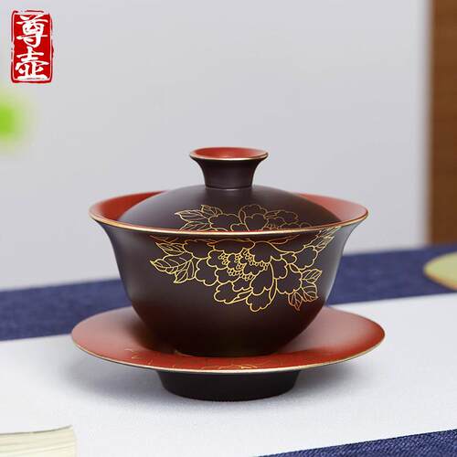 宜兴紫砂三彩杯盖碗单杯带盖茶杯大型防烫陶瓷功夫茶具