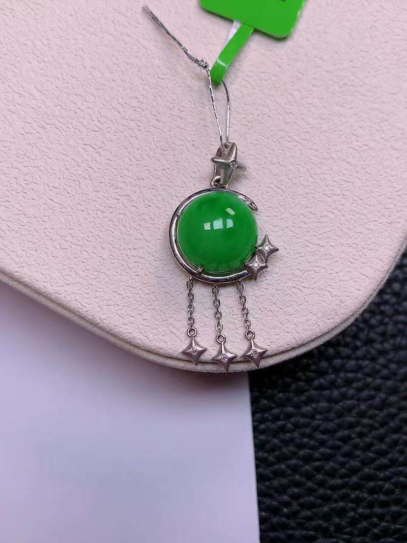 天然真品翡翠正品 水润细腻气质18k金镶嵌冰阳绿满阳色蛋面吊坠
