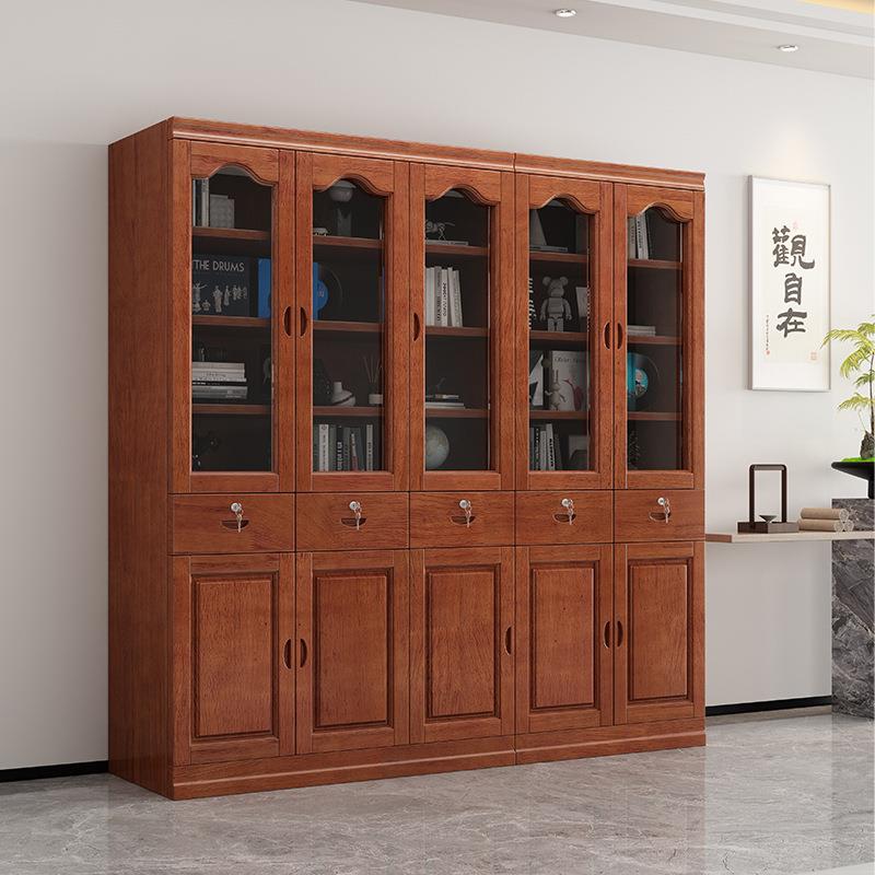 中式实木书柜橡胶木书架带锁抽屉家用书柜带玻璃门办公室柜储物柜图片