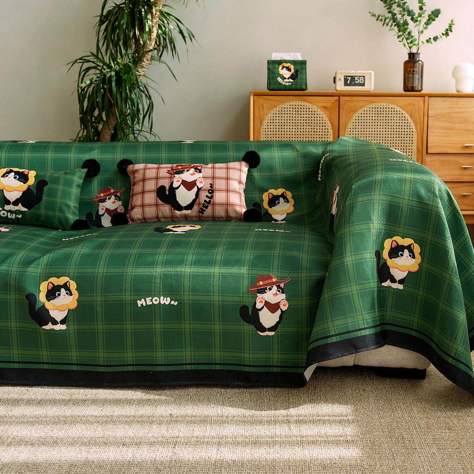 英国小猫格纹覆古客厅沙发毛巾沙发套毛毯四季通用防滑套防猫抓垫