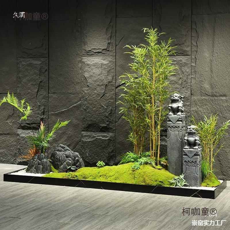 新中造式室内景竹子盆栽假石景室观茶枯山水拴马柱装山饰柯咖童摆