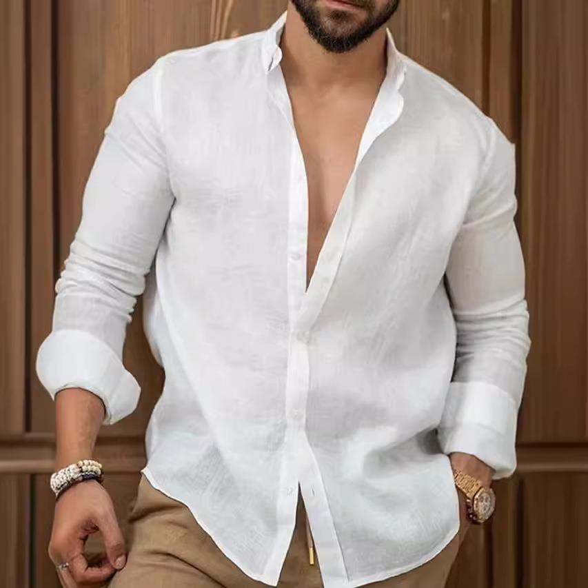 Cotton and linen solid color mens shirt youth casual