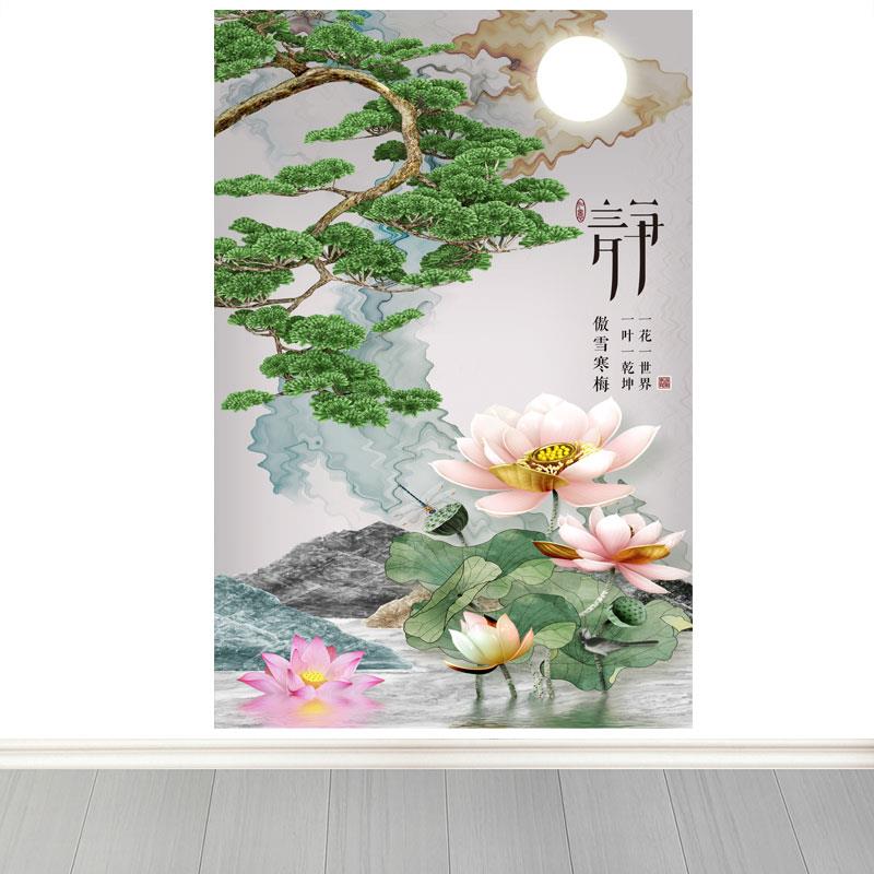 竖版连年有余荷花荷叶海报装饰自粘贴纸画客厅玄关背景墙山水贴画图片