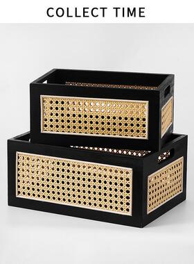 中古风藤编收纳筐客厅玩具书本黑色储物篮桌面大号木质日式收纳筐